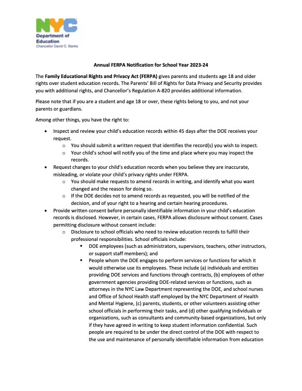 Page One of Annual FERPA Notification for School Year 2023-2024
